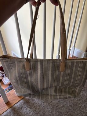 2012 COACH Legacy Weekend Ticking Stripe Zip Tote Bag Grey Coated Canvas 23108